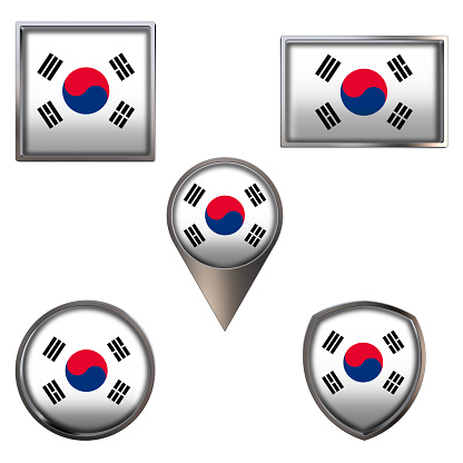 Various flags of the Republic of Korea. Realistic national flag in point circle square rectangle and shield metallic icon set. Patriotic 3d rendering symbols isolated on white background.