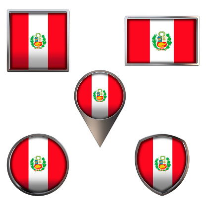 Various flags of the Republic of Peru. Realistic national flag in point circle square rectangle and shield metallic icon set. Patriotic 3d rendering symbols isolated on white background.