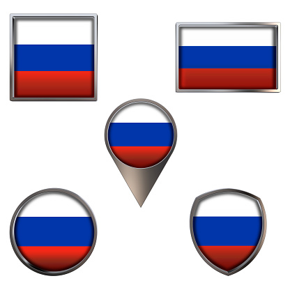 Various flags of the Russian Federation. Realistic national flag in point circle square rectangle and shield metallic icon set. Patriotic 3d rendering symbols isolated on white background.