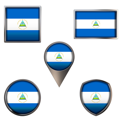 Various flags of the Republic of Nicaragua. Realistic national flag in point circle square rectangle and shield metallic icon set. Patriotic 3d rendering symbols isolated on white background.