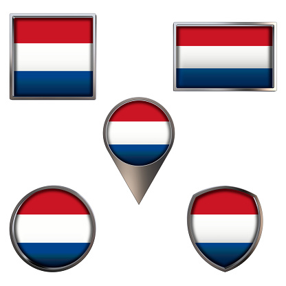 Various flags of The Netherlands. Realistic national flag in point circle square rectangle and shield metallic icon set. Patriotic 3d rendering symbols isolated on white background.