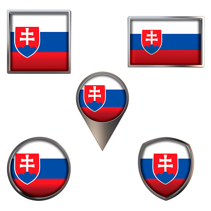 Various flags of the Slovak Republic. Realistic national flag in point circle square rectangle and shield metallic icon set. Patriotic 3d rendering symbols isolated on white background.