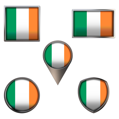 Various flags of the Republic of Ireland. Realistic national flag in point circle square rectangle and shield metallic icon set. Patriotic 3d rendering symbols isolated on white background.
