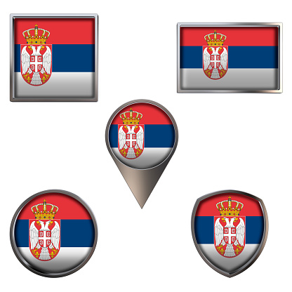 Various flags of the Republic of Serbia. Realistic national flag in point circle square rectangle and shield metallic icon set. Patriotic 3d rendering symbols isolated on white background.
