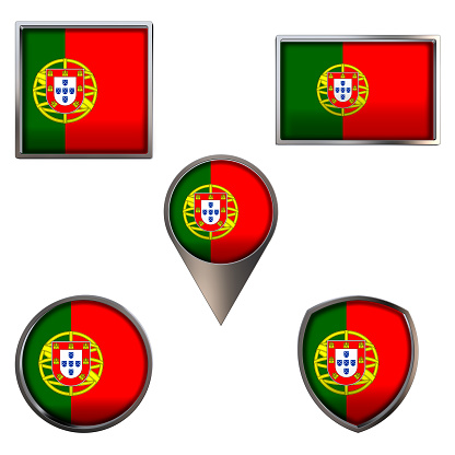 Various flags of the Portuguese Republic. Realistic national flag in point circle square rectangle and shield metallic icon set. Patriotic 3d rendering symbols isolated on white background.