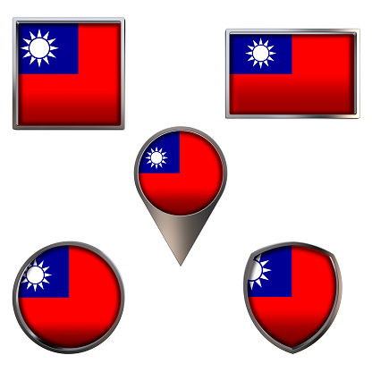 Various flags of Taiwan. Realistic national flag in point circle square rectangle and shield metallic icon set. Patriotic 3d rendering symbols isolated on white background.