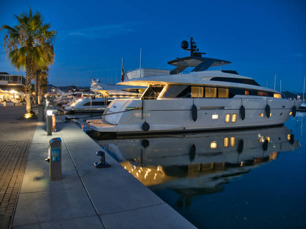 a luxury yacht in the port of porto mirabello in la spezia - yacht nautical vessel luxury moored imagens e fotografias de stock