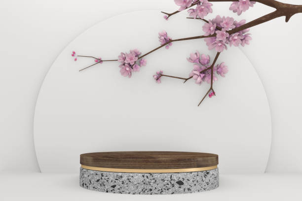 istock Sakura decoration and white granite podium on white background. 3D rendering 1305663862