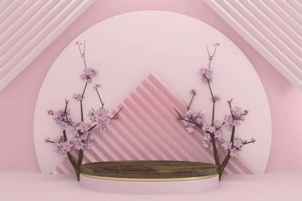 istock Sakura decoration and white granite podium on white background. 3D rendering 1305663863