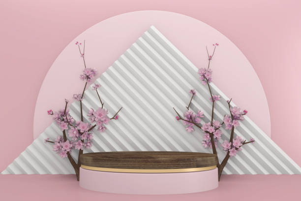 istock Sakura decoration and white granite podium on white background. 3D rendering 1305663916