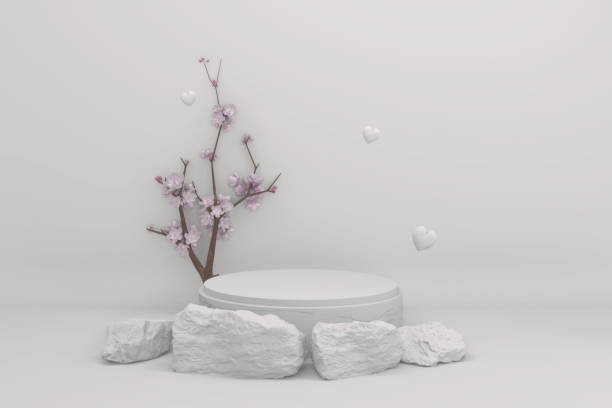 istock white sakura Podium minimal geometric white and gold style abstract.3D rendering 1305663930