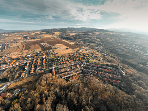 Aerial view of the suburbs of the city of Kłodzko on a beautiful sunny day, South-Western Poland.