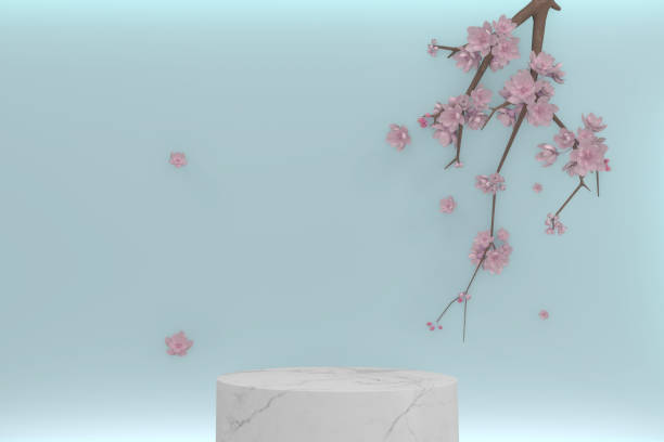 istock Sakura decoration and white granite podium on cyan background. 3D rendering 1305665919