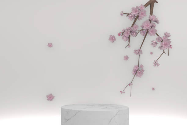 istock Sakura decoration and white granite podium on white background. 3D rendering 1305665981