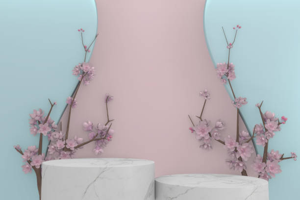 istock Sakura decoration and podium on pink background. 3D rendering 1305666014