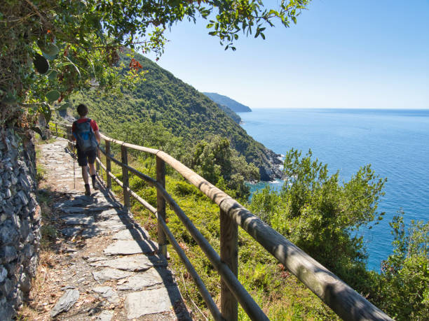 un randonneur apprécie la belle promenade sur le sentier de randonnée sentiero azzurro - cinque terre photos et images de collection