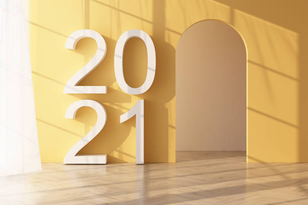 istock Wooden floor Light shines through the window and shadows fall on it. with yellow wall and sheer with 2021 text on wall 3d rendering 1305666233