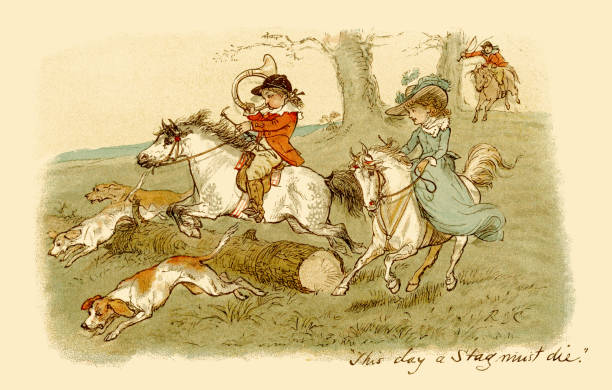 Nineteenth century children on a stag hunt Two Victorian children riding their ponies and accompanied by three dogs playing at taking part in a stag hunt. The boy blows his horn to encourage the hunt onwards. From “A Sketch-Book of R. Caldecott’s“. Reproduced by Edmund Evans, engraver and printer. Published by G. Routledge & Sons, London, c1883. outdoor lifestyle stock illustrations