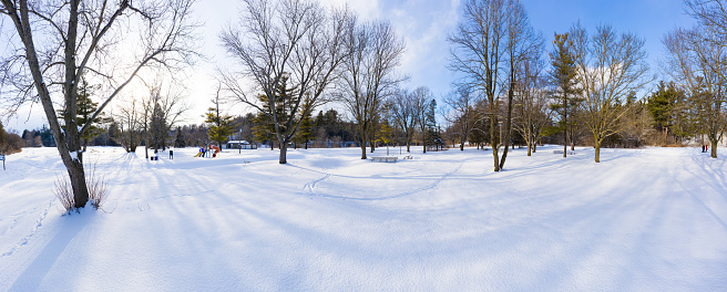 Shadows on the snow on a sunny winter day in a city park. Natural snowy landscape