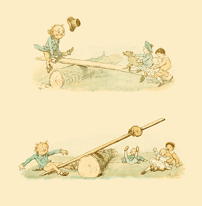 Two illustrations of a man, three children and a dog, enjoying a ride on a makeshift seesaw - until they all fall off, except the dog, who is clinging on for dear life. From “A Sketch-Book of R. Caldecott’s“. Reproduced by Edmund Evans, engraver and printer. Published by G. Routledge & Sons, London, c1883.