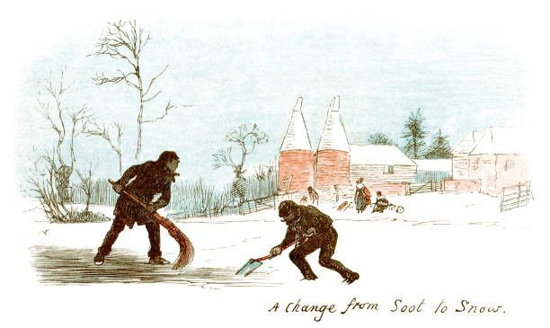 ilustrações, clipart, desenhos animados e ícones de duas chaminés limpam neve em kent - chimney sweep’s brush
