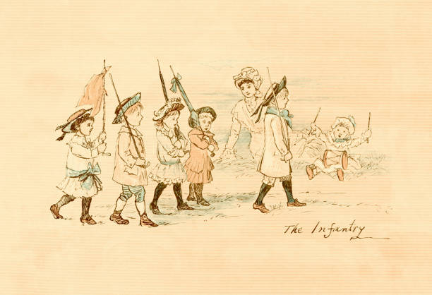 An assortment of young children marching behind their commander, armed with walking sticks and an umbrella and are accompanied by a baby banging a drum. From “A Sketch-Book of R. Caldecott’s“. Reproduced by Edmund Evans, engraver and printer. Published by G. Routledge & Sons, London, c1883.