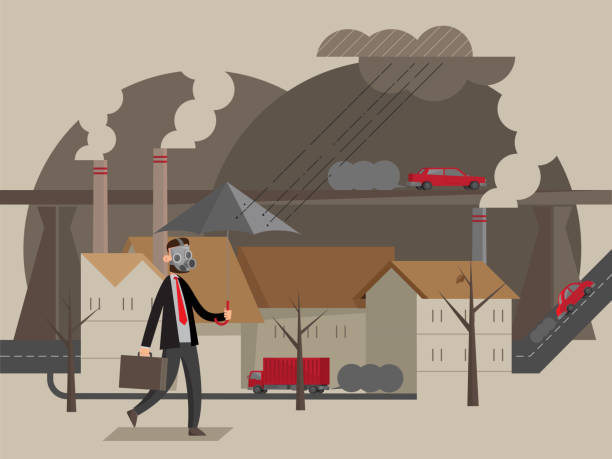 illustrazioni stock, clip art, cartoni animati e icone di tendenza di un uomo indossa la maschera per attraversare un'area in forte inquinamento atmosferico - acid rain