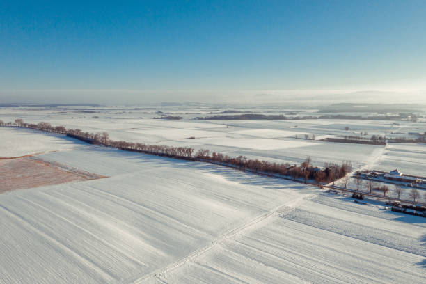 Aerial view of the snow-covered fields
