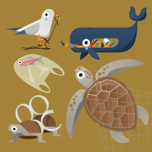 Vector illustration of Waste pollution in sea endangers the life of sea animals