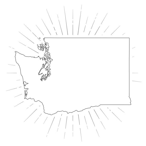 Washington map with sunbeams on white background Map of Washington created with a thin black outline and light rays. Trendy and modern illustraion isolated on a blank background. Vector Illustration (EPS10, well layered and grouped). Easy to edit, manipulate, resize or colorize. washington state line art stock illustrations
