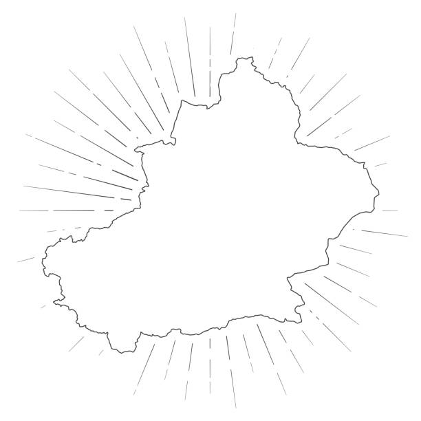 stockillustraties, clipart, cartoons en iconen met de kaart van xinjiang met zonnestralen op witte achtergrond - urumqi
