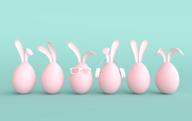 istock Pink Easter egg with rabbit ears on green background. Happy Easter big hunt or sale banner, mockup template. Religious April holiday - Easter. Cute bunny egg with sun glasses and earphones 3d render 1305677199