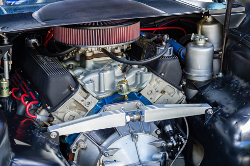 Miami, Florida USA - March 5, 2017: Close up view of the Ford engine in a classic Detomaso Pantera supercar at a public car show.