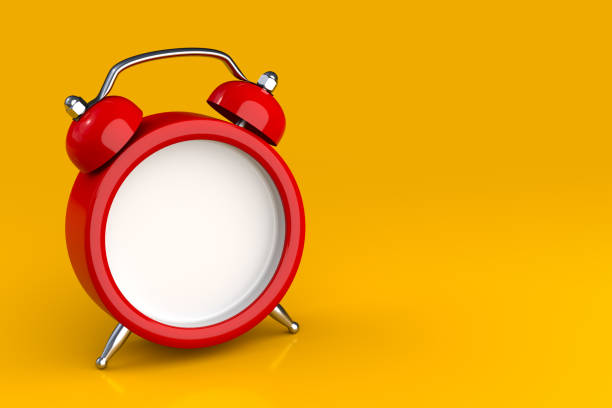 istock Customizable Red Classic Alarm Clock on Yellow Background 3D Illustration 1305682643