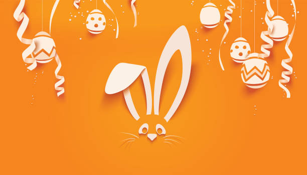 ilustraciones, imágenes clip art, dibujos animados e iconos de stock de tarjeta de conejo de pascua en estilo cortado en papel con huevos y confeti para saludos e invitaciones de vacaciones de pascua de temporada, ilustración vectorial - easter bunny
