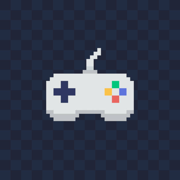 Vintage gamepad on transparent background. Pixel art style joystick vector illustration.