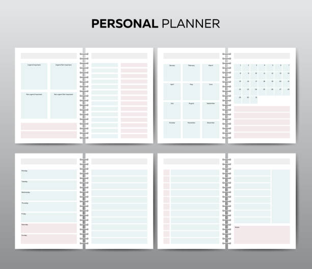 ilustraciones, imágenes clip art, dibujos animados e iconos de stock de plantillas vectoriales para la planificación empresarial con calendario - medios impresos