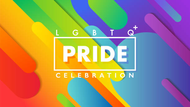 stockillustraties, clipart, cartoons en iconen met het teken van de viering van de trots met frame over een kleurrijke ronde geometrische regenboogachtergrond voor lgbtq rechten en bewegingenconcept - queer flag