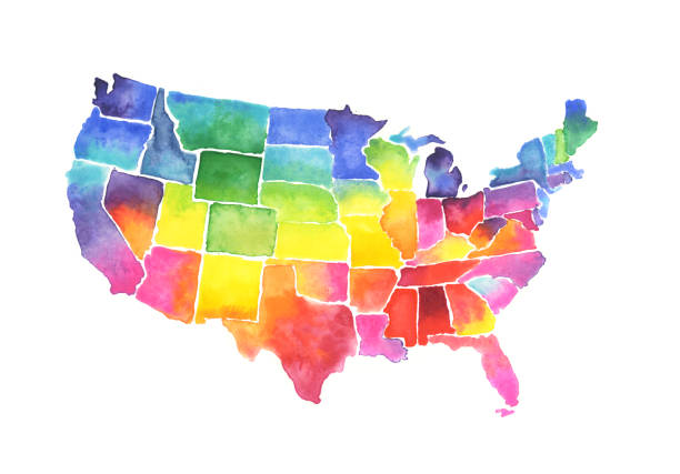 abd devletleri harita suluboya boyama - amerikanın eyalet sınırları illüstrasyonlar stock illustrations