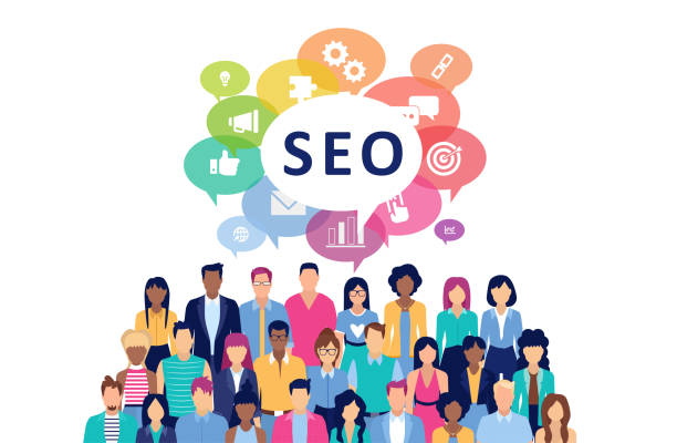Large crowd of people and SEO Large crowd of people and SEO concept SEO stock illustrations
