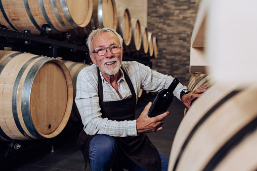 Portrait of a  senior entrepreneur working at his winery on product inspection.
