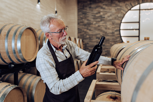 Portrait of a  senior entrepreneur working at his winery on product inspection.