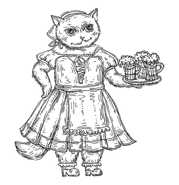 Young sexy Beer Fest woman wearing a traditional Bavarian dress dirndl dancing and holding beer mug. Cat dressed in national bavarian clothes and holding beer glass. Vintage vector black hatching illustration isolated on white. Hand drawn design for Beer Fest festival. pics of dirndl skirt stock illustrations