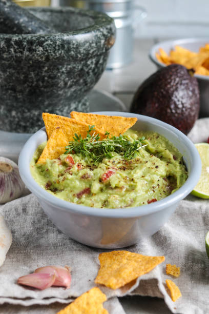 Homemade Guacamole Avocado Dip with Nacho Chips