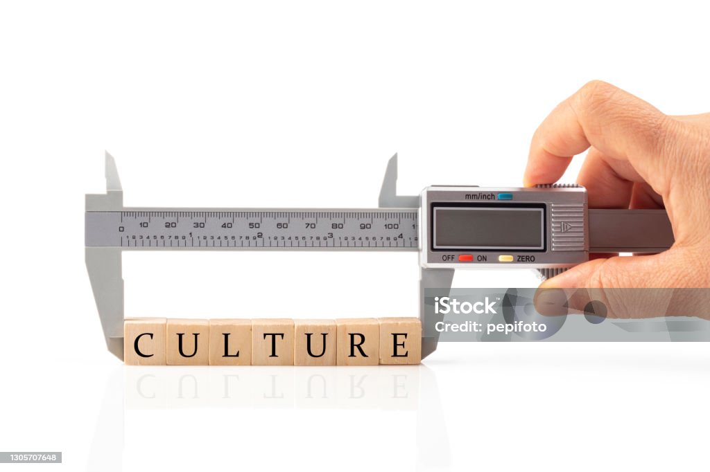Measurement of Culture Caliper measures the word Culture built of wooden cubes Cultures Stock Photo