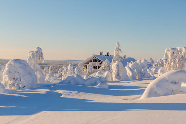 paesaggio invernale soleggiato in lapponia - sunrise mountain winter arctic foto e immagini stock