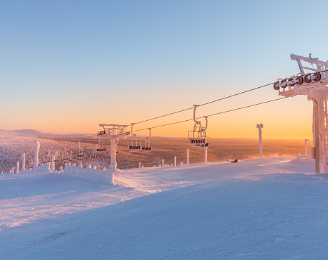 Winter mountains panorama with ski slopes and ski lifts in lapland finland