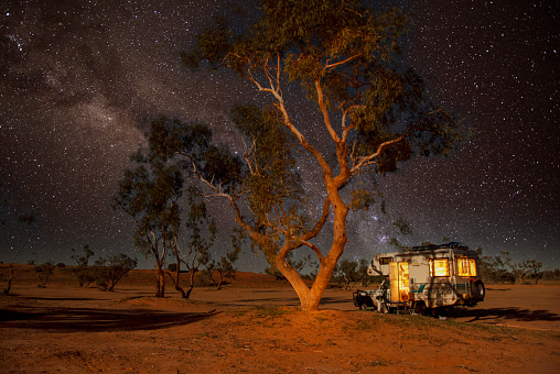 Camping at night in the Strzelecki desert , South Australia.