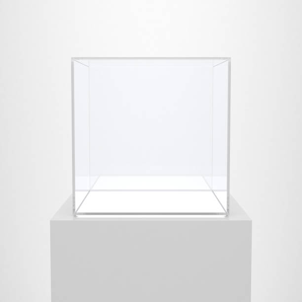 istock Empty Glass Box with White Podium for Product Display 1305714313