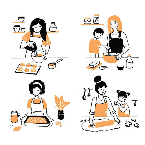 Hand drawn set of cooking people Hand drawn set of cooking people character. Smiling young woman, mom with child cook together. Doodle sketch style illustration. Concept of home prepare dish, dinner on the kitchen. how to draw a house step by step for kids cartoon stock illustrations